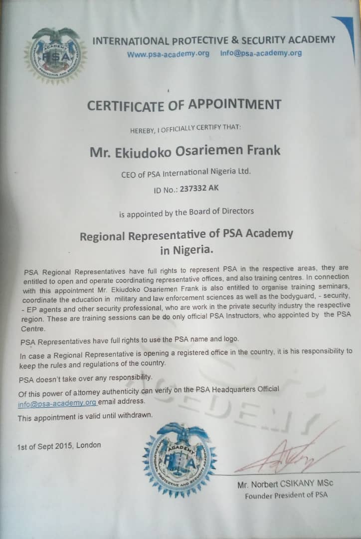 Certificate of Appointment, Regional Representative